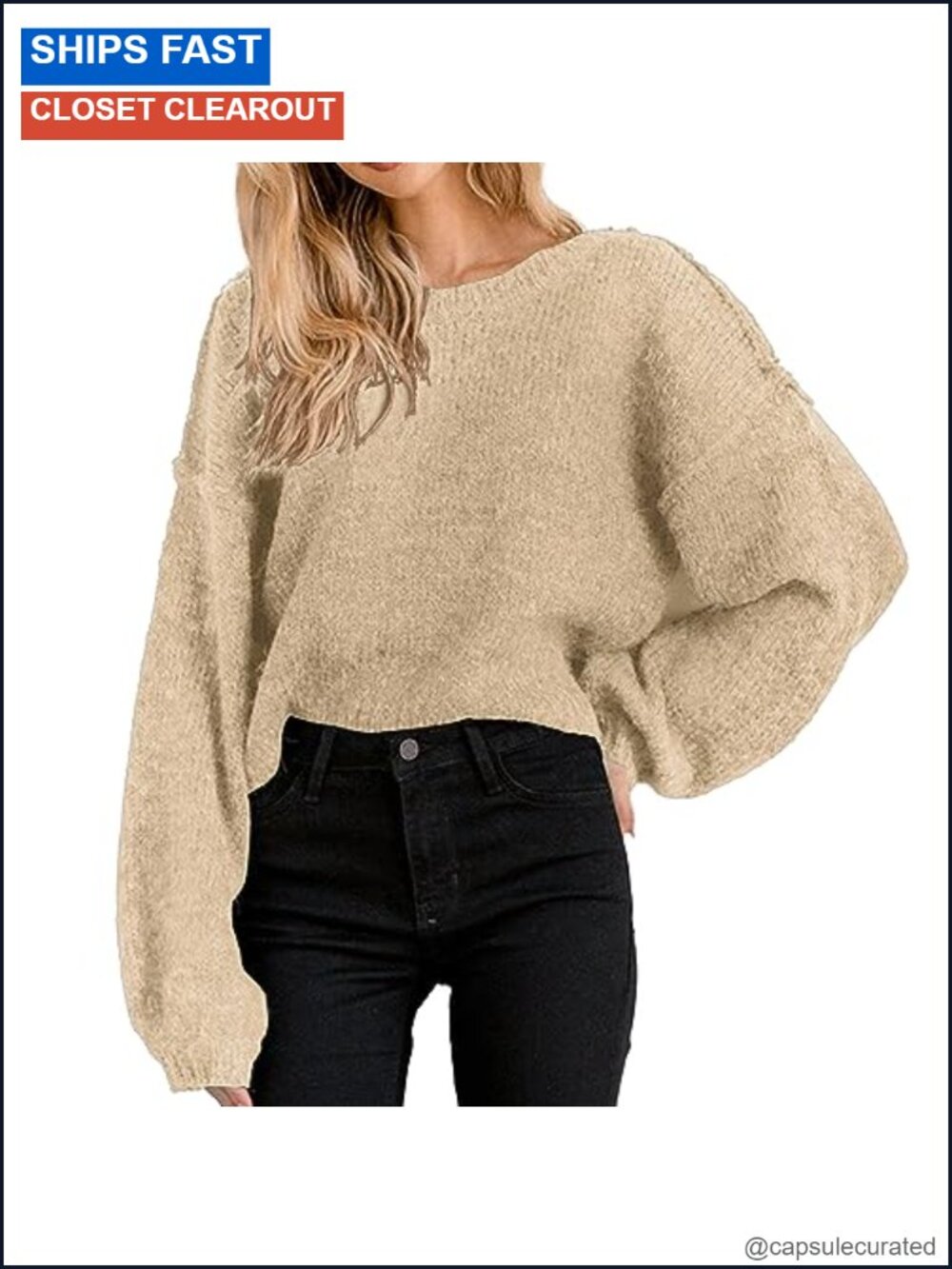 Cropped Sweater Oversized Crewneck Batwing Long Sleeve Pullover